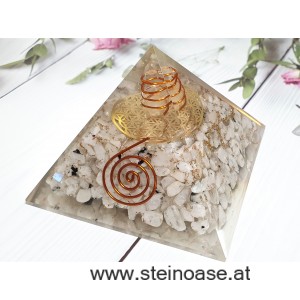 Orgonit Pyramide: Mondstein & Blume des Lebens & Herkimer Kristall & Spirale